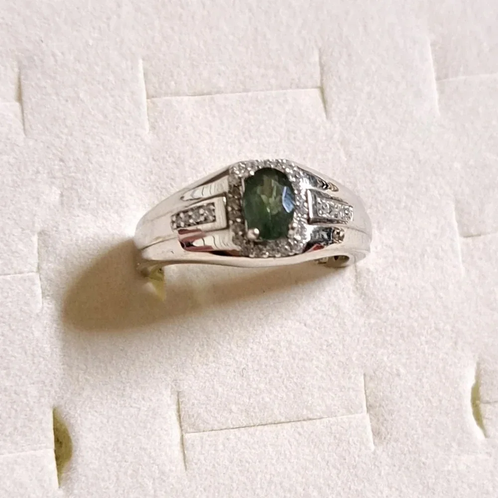Green Apatite With Natural White Zircon accent Men's Ring.